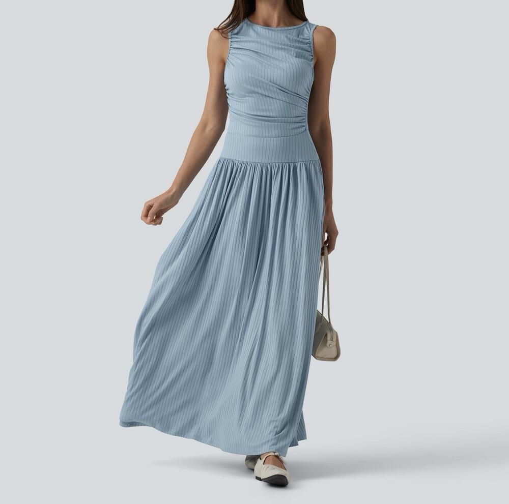 Halara Womens Small Blue Ribbed Asymmetrical Boat Neck Ruched Pocket Maxi Dress